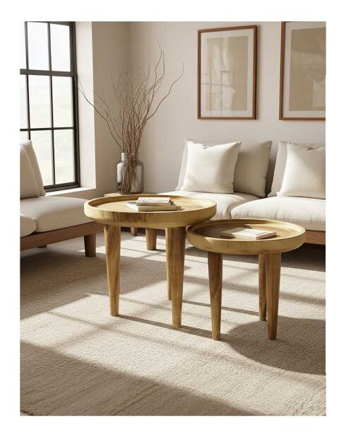 Set aus 2 natürlichen Leothéo-Couchtischen aus massivem Teakholz — 55 x 55 x 45 cm/65 x 65 x 55 cm