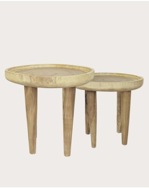 Set aus 2 natürlichen Leothéo-Couchtischen aus massivem Teakholz — 55 x 55 x 45 cm/65 x 65 x 55 cm