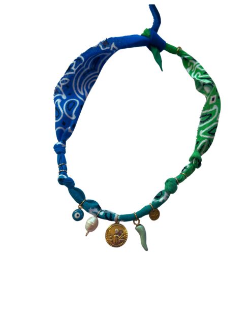 Astro katoenen halsketting blauw/groene kever medaille