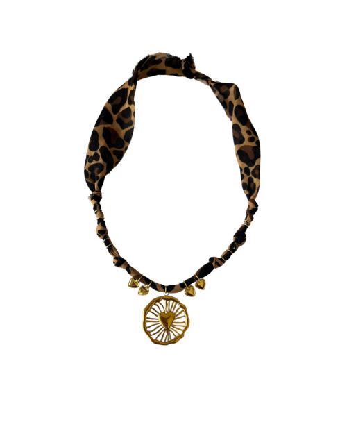 Collana Spiritus in cotone con grande cuore leopardato