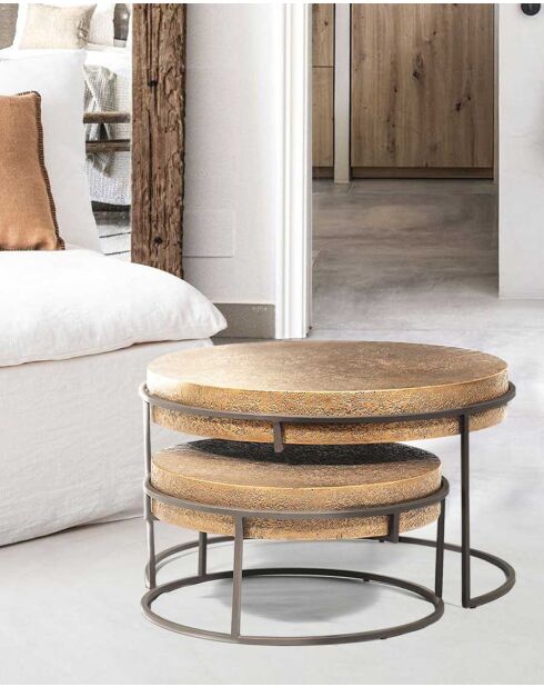 Table basse ronde gigogne en métal doré Marrakech - Grande table : 74 x 74 x 43 cm / Petite table : 58 x 58 x 29 cm