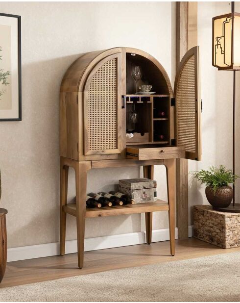 Meuble bar en bois massif de manguier avec cannage naturel Wine Cabinet - 80 x 42.5 x 163 cm