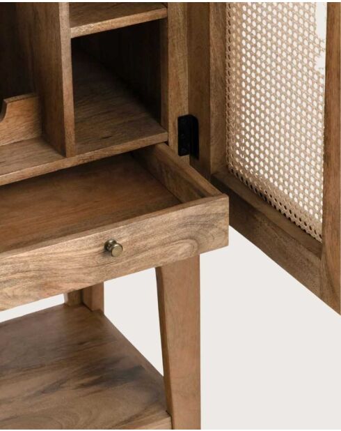 Meuble bar en bois massif de manguier avec cannage naturel Wine Cabinet - 80 x 42.5 x 163 cm