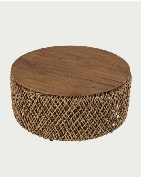 Grote salontafel in massief teakhout en bananenweefsel met natuurlijke Yuda-opbergruimte - 80 x 80 x 42 cm