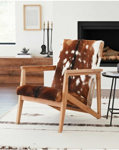 Fauteuil en teck et peau de chèvre Cow Boy marron - 67 x 80 x 77 cm