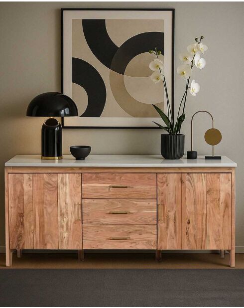 Buffet aus massivem Holz und natürlichem weißem Havena-Marmor - 175 x 45 x 85 cm