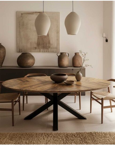 Tavolo da pranzo ovale, piano in mango a spina di pesce e base a stella in metallo Apogee marrone e nero, 220 x 100 x 76 cm