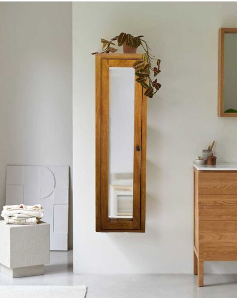Colonna pensile con specchio in legno massello di mango Palo naturale - 40 x 25 x 140 cm