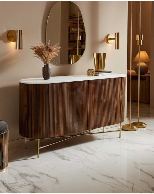 Aparador de madera maciza con tapa de mármol blanco Céline natural - 145 x 45 x 85 cm