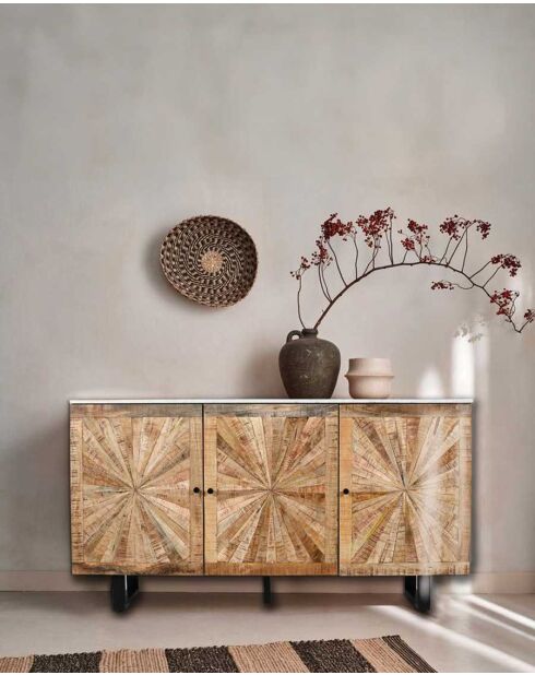 Buffet en bois massif et marbre blanc Sunet naturel - 160 x 40 x 85 cm