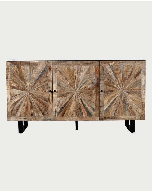 Buffet en bois massif et marbre blanc Sunet naturel - 160 x 40 x 85 cm
