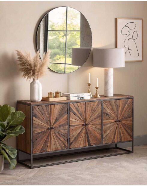 Credenza in legno di mango intagliato, mandala marrone - 160 x 45 x 90 cm