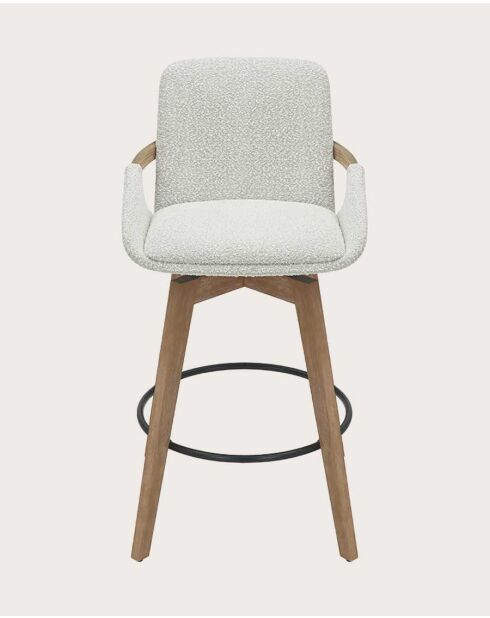 Chaise de bar en tissu bouclette et pieds en bois Saly blanche - 49.5 x 55 x 94.5 cm