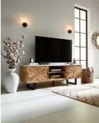 Porta TV in legno massello di mango e marmo bianco Sunet natural - 160 x 40 x 50 cm