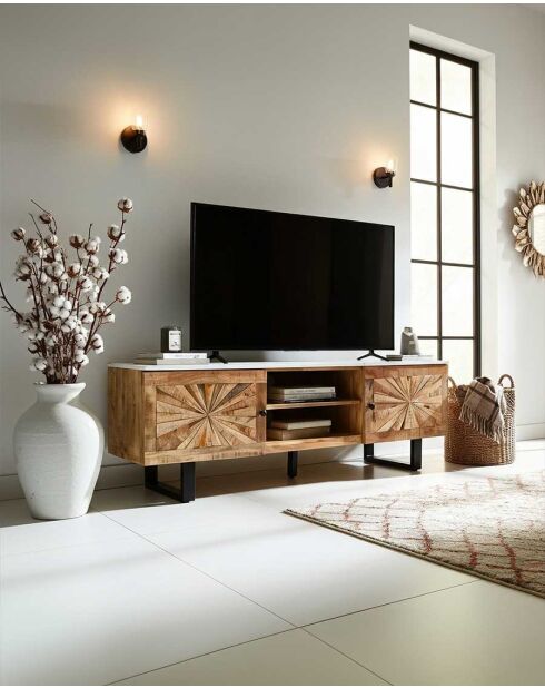 Meuble TV en bois massif de manguier et marbre blanc Sunet naturel - 160 x 40 x 50 cm
