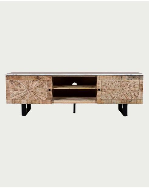 Meuble TV en bois massif de manguier et marbre blanc Sunet naturel - 160 x 40 x 50 cm