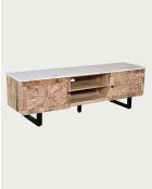Porta TV in legno massello di mango e marmo bianco Sunet natural - 160 x 40 x 50 cm