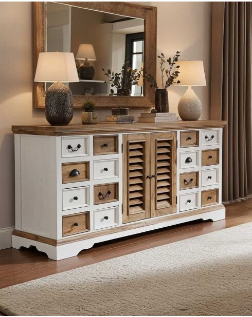 Grand buffet blanc et naturel en Mindy massif Inda - 160 x 50 x 75 cm