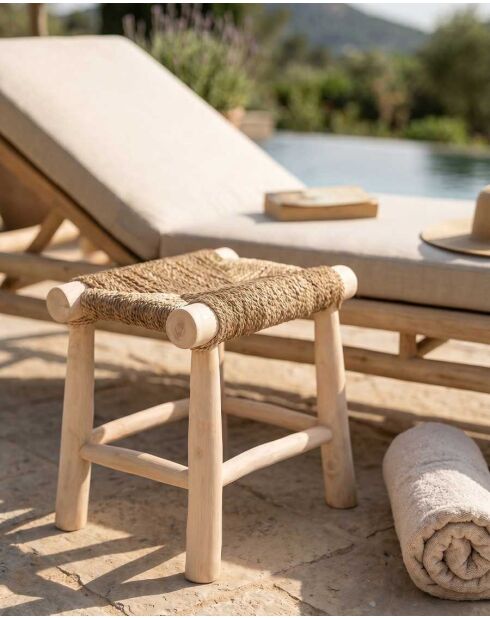 Tabouret en branche de teck et jacinthe d'eau Matra naturel - 50 x 35 x 45 cm