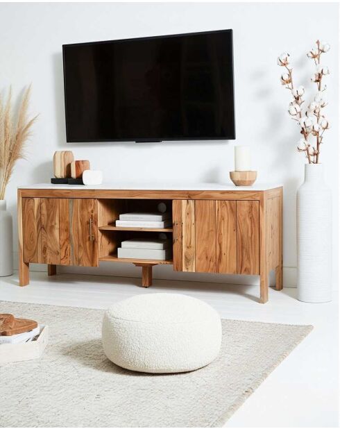Meuble TV en acacia et marbre blanc Havena naturel - 160 x 40 x 60 cm