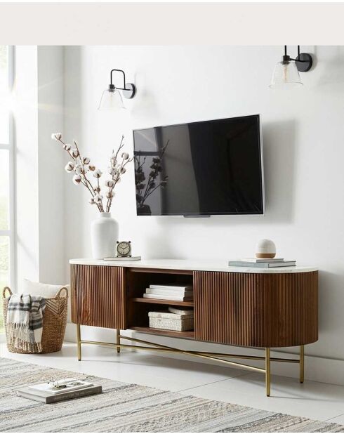 TV-Ständer aus Holz mit natürlicher Céline-Marmorplatte - 150 x 40 x 51 cm