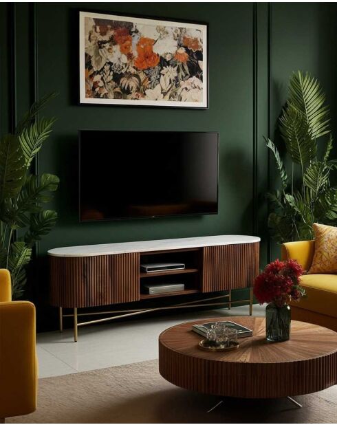 TV-Ständer aus Holz mit natürlicher Céline-Marmorplatte - 150 x 40 x 51 cm