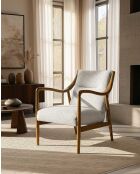Scandinavische fauteuil in massief hout, eiken en linnen, lichtgrijs, amber - 64 x 77 x 83 cm