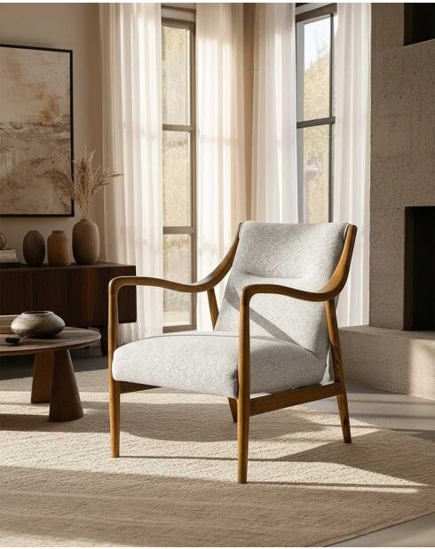 Scandinavische fauteuil in massief hout, eiken en linnen, lichtgrijs, amber - 64 x 77 x 83 cm