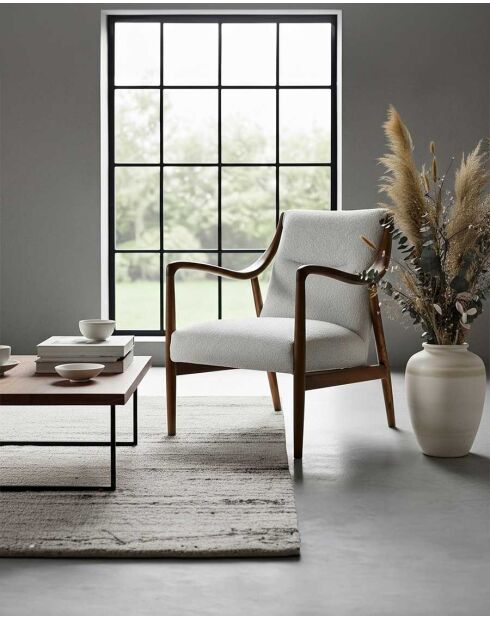 Scandinavische fauteuil in massief hout, eiken en linnen, lichtgrijs, amber - 64 x 77 x 83 cm