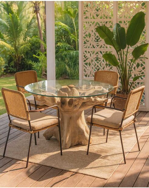 Table de jardin en bois brut de teck avec le plateau de verre Forest naturelle - 120 x 120 x 76 cm