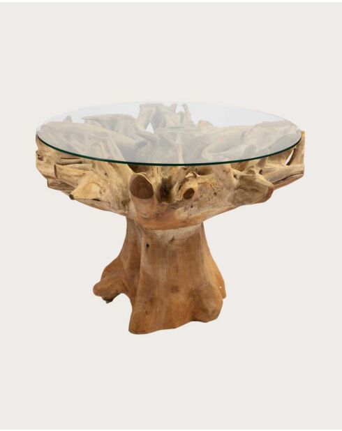 Table de jardin en bois brut de teck avec le plateau de verre Forest naturelle - 120 x 120 x 76 cm