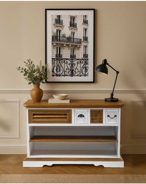 Consolle Sungkai in legno - bianco e naturale Inda - 110 x 35 x 80 cm