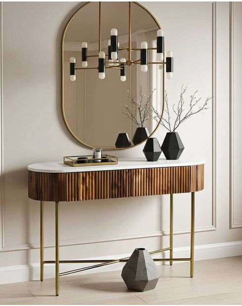 Console en bois de manguier massif et marbre blanc Céline naturelle - 100 x 32 x 76 cm
