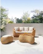 Salon de jardin en rotin tressé avec canapé, pouf et table basse Banua naturel et blanc - Canapé : 220 x 80 x 86 cm / Pouf : 81 x 63 x 43 cm / Table basse : 106 x 71 x 46 cm