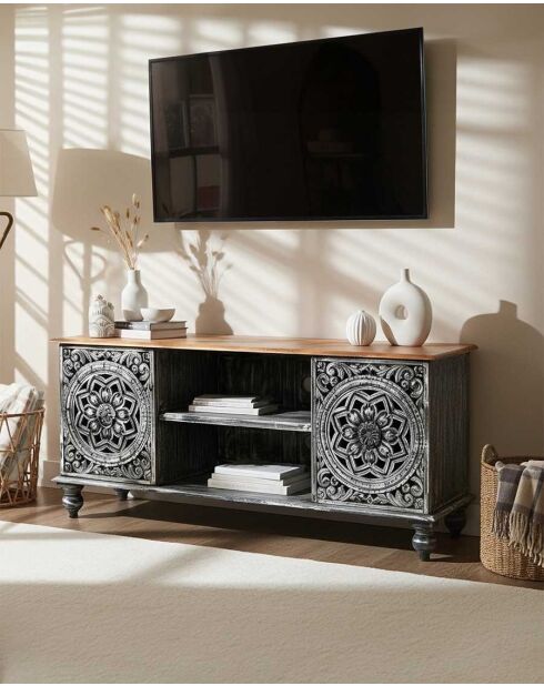 TV-Ständer Lotus aus massivem Mangoholz, 150 x 40 x 65 cm, Grau und Braun