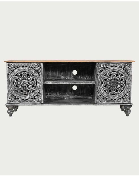 TV-Ständer Lotus aus massivem Mangoholz, 150 x 40 x 65 cm, Grau und Braun
