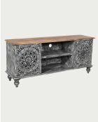 TV-Ständer Lotus aus massivem Mangoholz, 150 x 40 x 65 cm, Grau und Braun