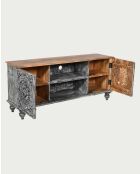TV-Ständer Lotus aus massivem Mangoholz, 150 x 40 x 65 cm, Grau und Braun