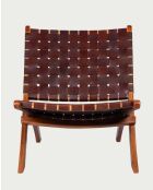 Fauteuil pliant en teck et en cuir tressé Kenza naturel - 58 x 76.5 x 75.5 cm