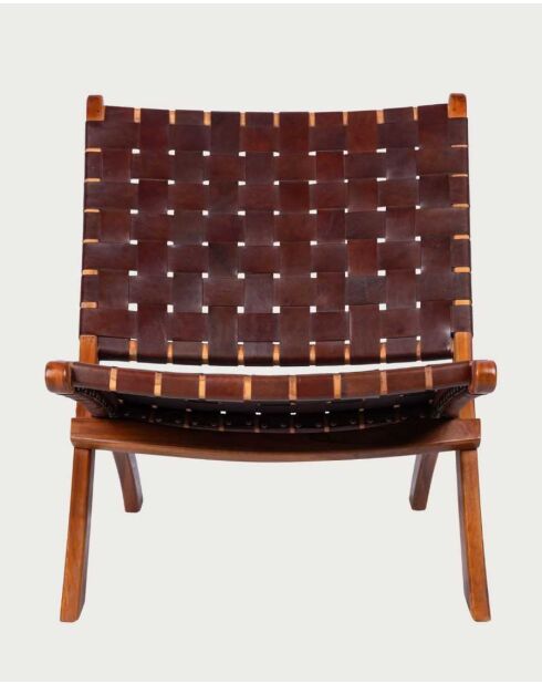 Fauteuil pliant en teck et en cuir tressé Kenza naturel - 58 x 76.5 x 75.5 cm