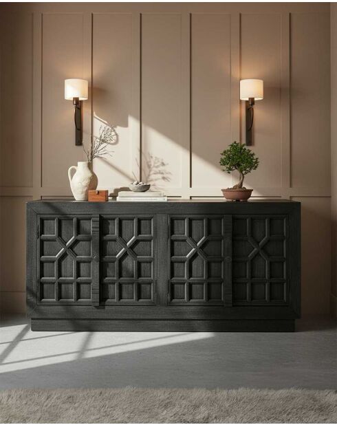 Buffet bas sculpté en bois massif de manguier Zaraya noir - 185 x 45 x 80 cm