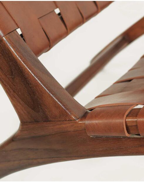 Sillón lounge con respaldo alto en teca y cuero natural marrón California - 65 x 85 x 86,5 cm