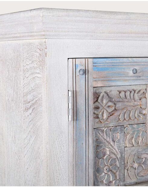Armoire 2 portes en bois massif de manguier sculptée Viva blanche - 95 x 45 x 180 cm