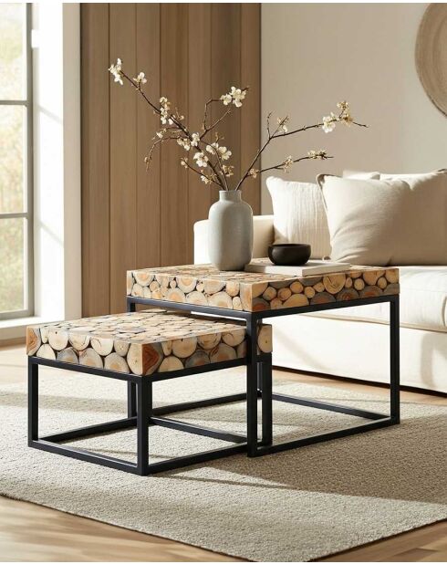 Table basse carrée gigogne en teck Aïda marron - Grande table : 50 x 50 x 45 cm / Petite table : 44 x 44 x 34 cm