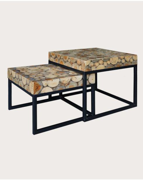 Table basse carrée gigogne en teck Aïda marron - Grande table : 50 x 50 x 45 cm / Petite table : 44 x 44 x 34 cm