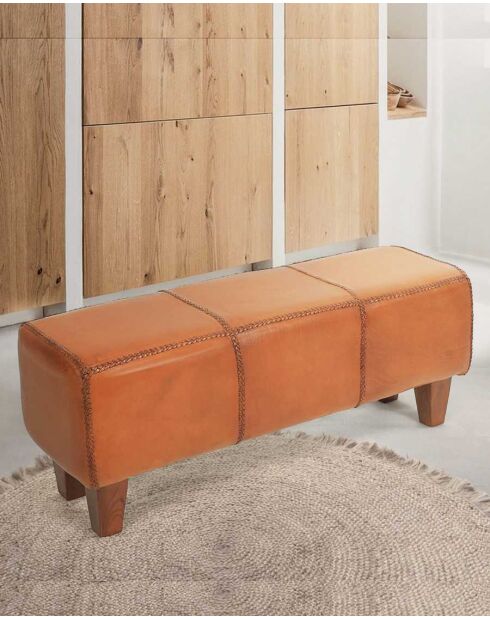 Met Tula beklede bank in massief teakhout en bruin leer - 110 x 35 x 45 cm