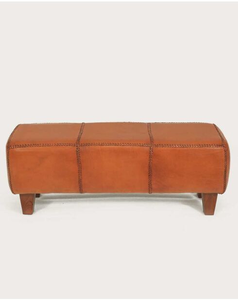 Banco Tula tapizado en teca maciza y cuero marrón - 110 x 35 x 45 cm