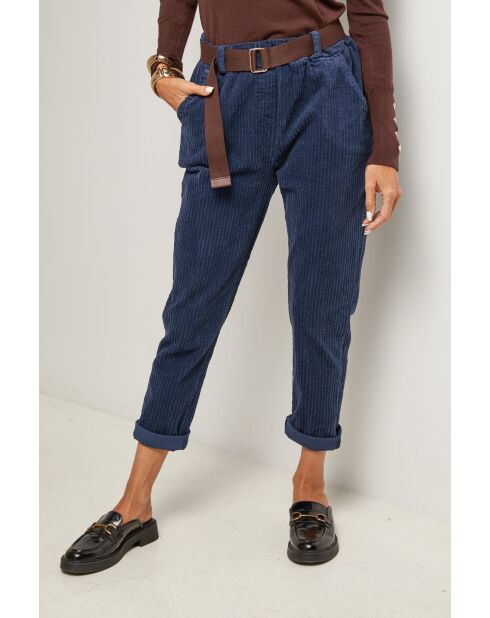 Pantalon velours avec ceinture en coton Émeline bleu marine