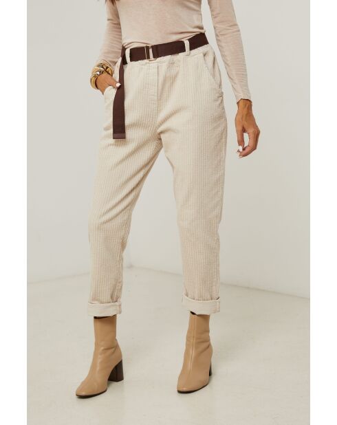 Pantalon velours avec ceinture en coton Élisa beige