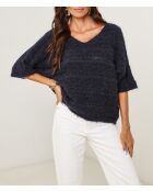 Iris marineblauer Pullover mit durchbrochenem V-Ausschnitt und mittleren Ärmeln